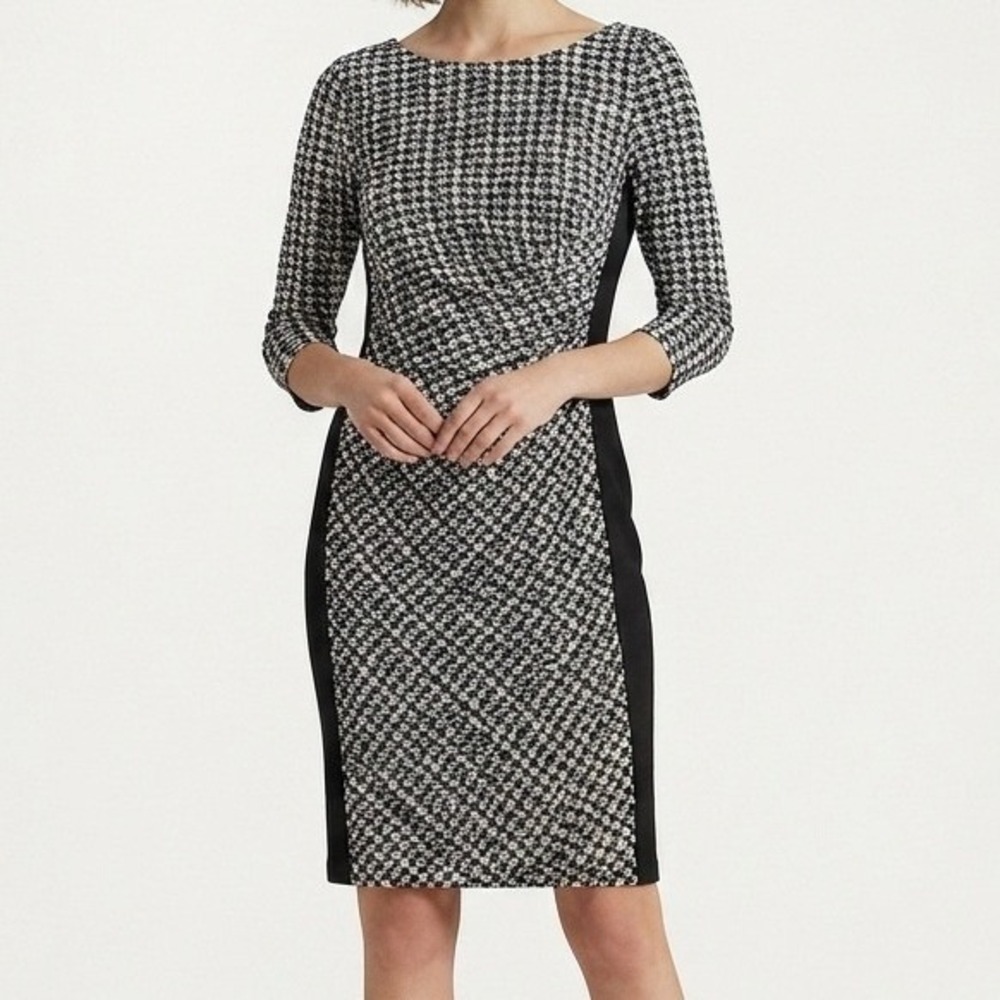 Lauren Ralph Lauren Sheath Dress 8 Black White Ruched 3/4 Sleeve Career Work